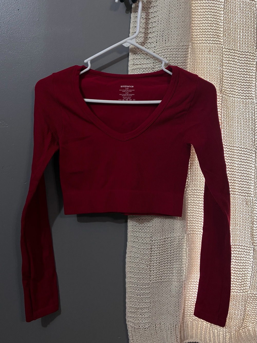 Ambiance Burgundy Ribbed V-Neck Long Sleeve Crop Top
